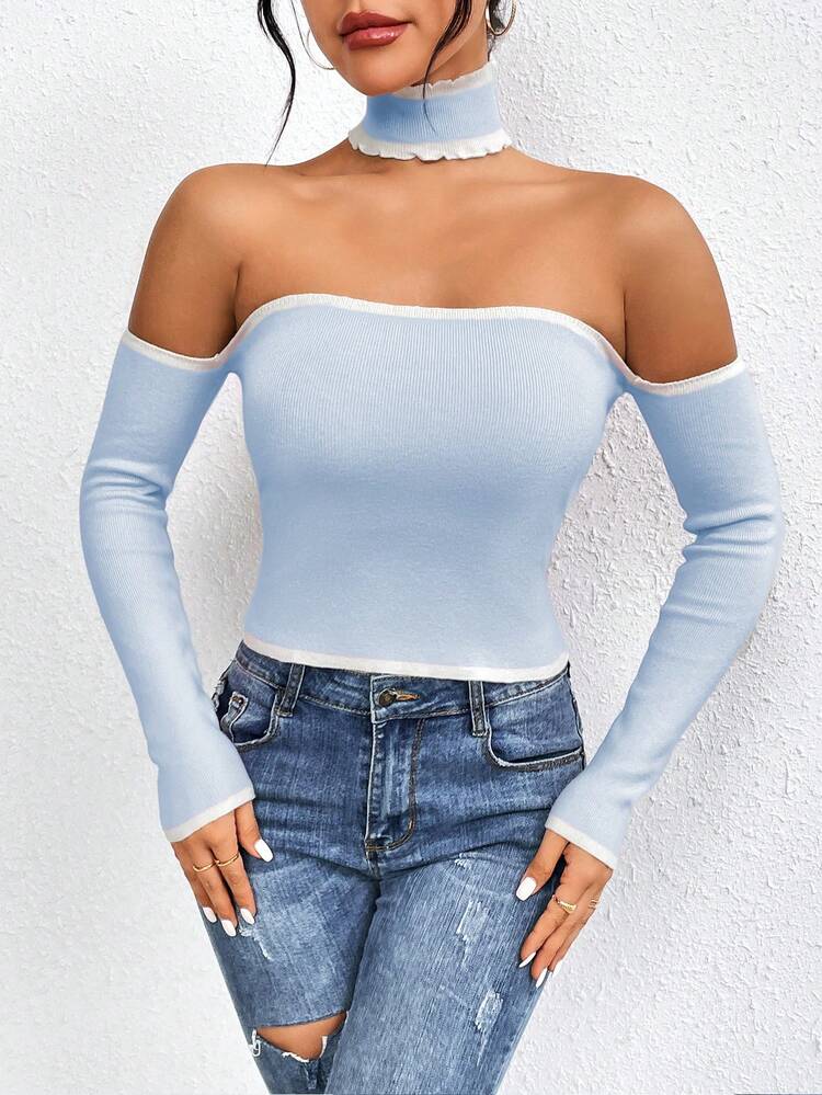 Color Block Knitted Pullover Sweater With Off The Shoulder Design Fall Winter