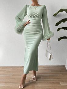 RosyDaze Trumpet Sleeve Lace Trim Mermaid Dress Maxi Women Outfit Fall Cloth For Women - Mint Green - View 6