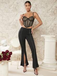 SHEIN BAE 女士加壓蕾絲背心上衣,搭配胸罩杯 - 黑色 - 查看 6