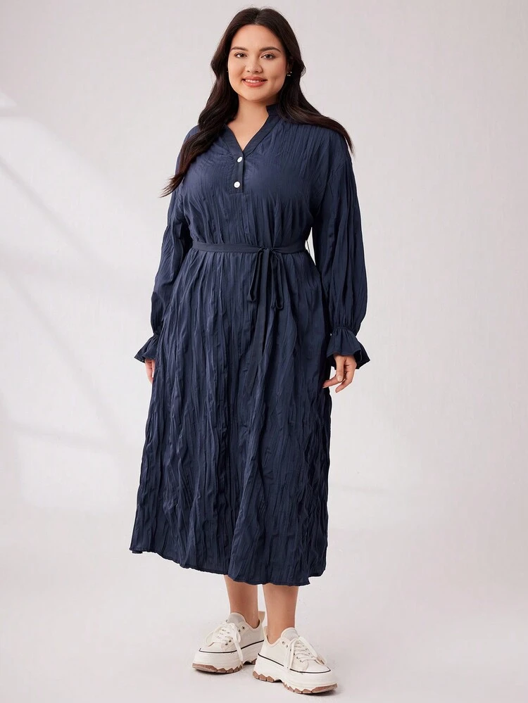 Plus Size Women'S Textured Ruffle Sleeve Dress