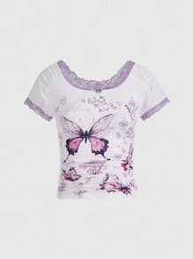 ROMWE Grunge Punk T-shirt lisse à mi-taille plissée avec imprimé papillon tout-sur-tout, printemps/été - Blanc - Voir 1