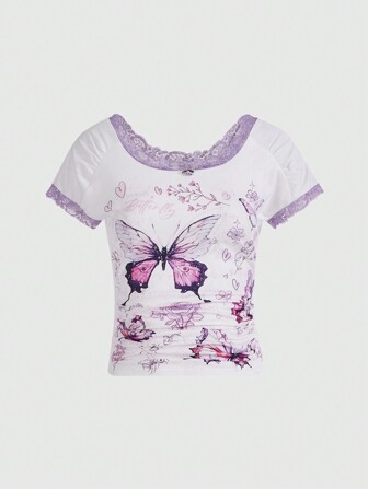 Grunge Punk Schmetterling-Allover-Muster geraffte Taille Glatt T-Shirt, Frühling/Sommer