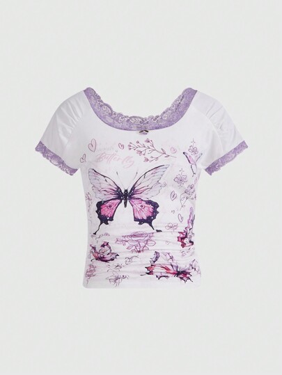 Grunge Punk تي شيرت أملس مطبوع بالفراشات كامل الطول، مطوي عند الخصر للربيع/الصيف