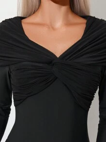 SHEIN Swim Bộ đồ bơi liền thân bó sát xoắn phía trước màu trơn cho nữ Carnival Summer - màu đen - Xem 4