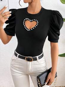 SHEIN Clasi 心型鏤空珍珠鉚釘泡泡袖t卹 - 黑色 - 查看 1