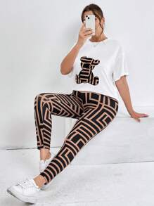 SHEIN Essnce 女士大码夏季休闲宽松印花短袖T恤和长裤两件套 - 彩色 - 查看 5