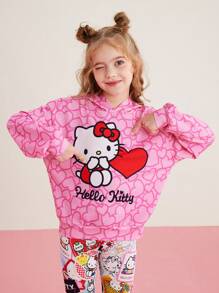 HELLO KITTY AND FRIENDS | SHEIN Tween Girl Heart Print Hooded Sweatshirt - Multicolor - View 6