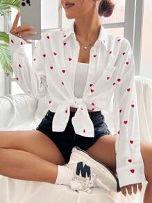SHEIN EZwear White Woven Love Drop Shoulder Valentines Shirt