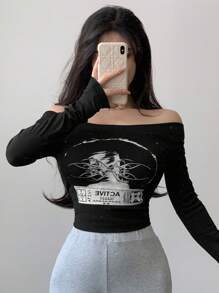 DAZY Women's Slim Fit Pleated Off Shoulder Letter Print T-Shirt Going Out Tops,Fall Clothes,Back To School Clothes Long Sleeve Women Tops - Black - View 6