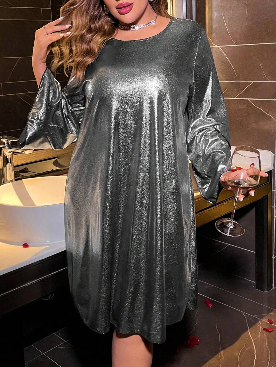 SHEIN Clasi Kích thước lớn Kim loại Tay áo chuông Đầm - Bạc - Xem 1