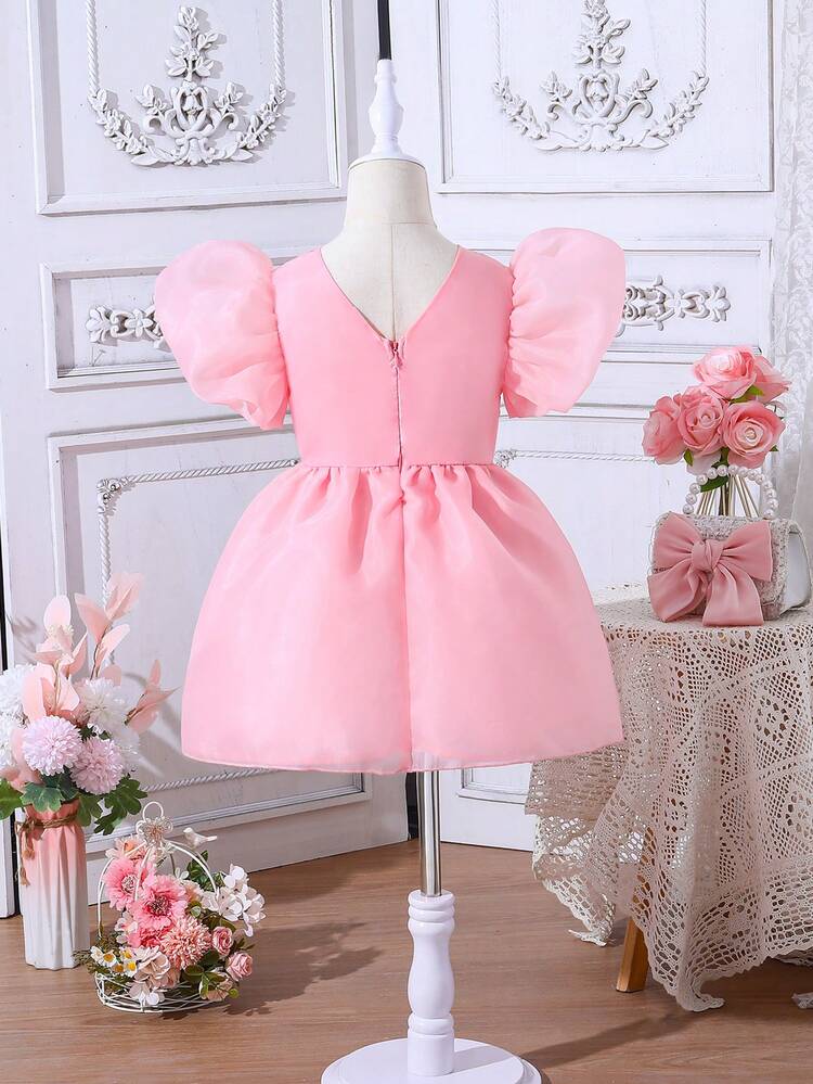 Young Girl Solid Color Round Neck Puff Sleeve Waist Cinched Princess Dress