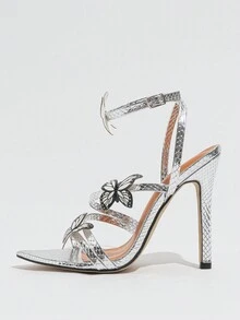 女士高跟開放式蛇紋閃亮金屬印花涼鞋,蝴蝶和花卉裝飾,適用於夜店、戶外活動和時尚品味 - 銀色 - 查看 4