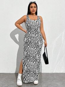 CovetEZ Plus Size Zebra Print High Slit Dress - Black and White - View 3