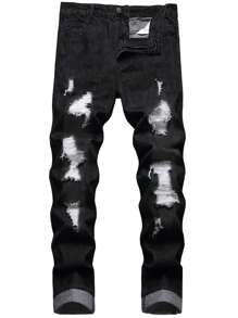 Manfinity Roughcore Men Ripped Frayed Bleach Wash Jeans - Black - View 1