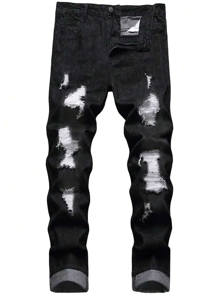Manfinity Roughcore Men Ripped Frayed Bleach Wash Jeans - Black - View 1
