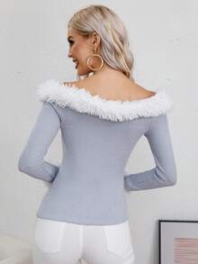 Allurite Tương phản 	
Fuzzy Chi tiết Vai lạnh Áo thun - Màu xanh lam - Xem 2