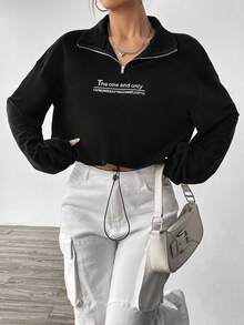 SHEIN EZwear Women's Slogan Print Stand Collar Sweatshirt With Drawstring Hem - Black - View 5