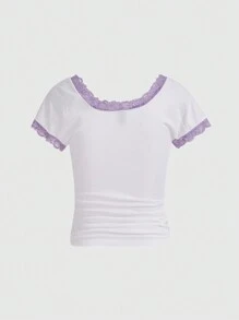 ROMWE Grunge Punk T-shirt lisse à mi-taille plissée avec imprimé papillon tout-sur-tout, printemps/été - Blanc - Voir 2