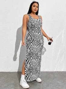 CovetEZ Plus Size Zebra Print High Slit Dress - Black and White - View 4