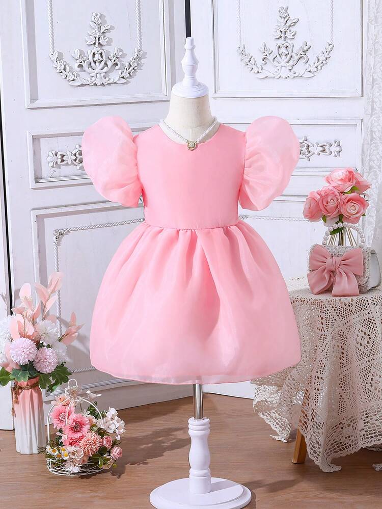 Young Girl Solid Color Round Neck Puff Sleeve Waist Cinched Princess Dress