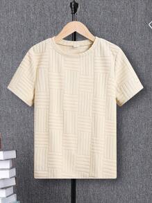 SHEIN Tween Boy 舒適純色短袖 T 卹,適合休閒穿著 - 杏色 - 查看 1