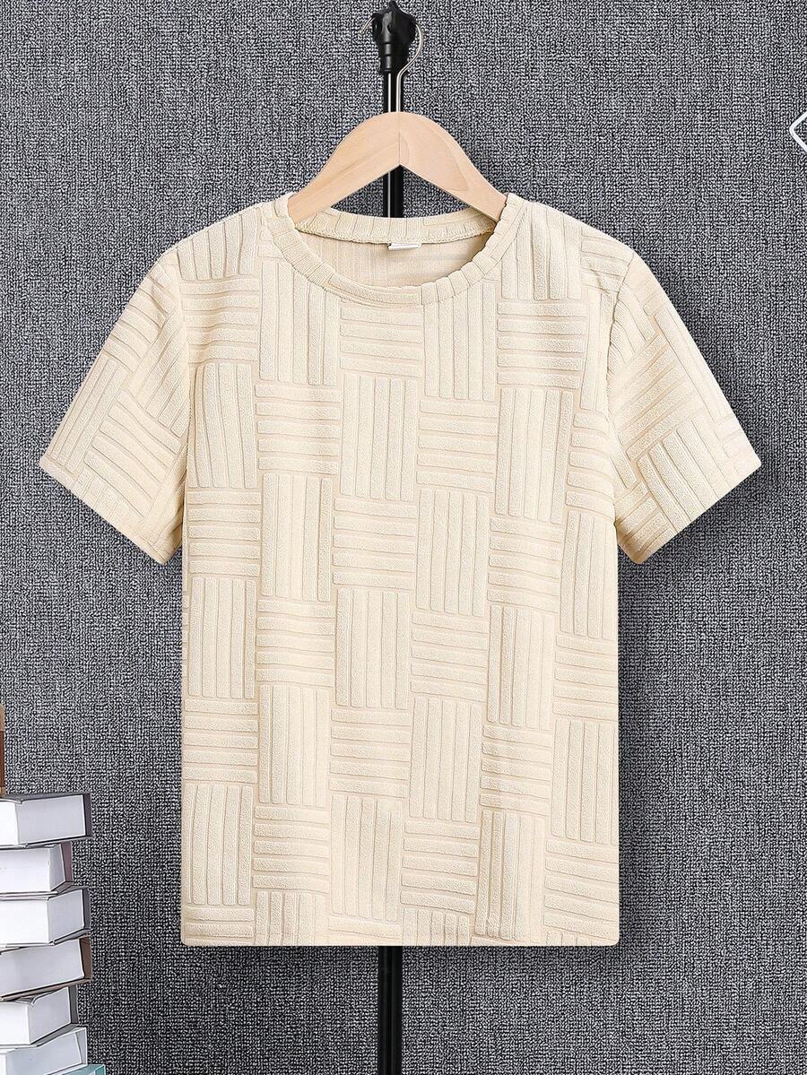 SHEIN Tween Boy 舒適純色短袖 T 卹,適合休閒穿著 - 杏色 - 查看 1