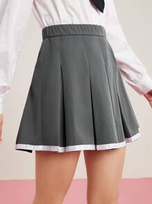 HELLO KITTY AND FRIENDS | SHEIN Letter Embroidered Waist Pleated Skirt - Grey - View 8