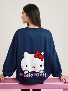 HELLO KITTY AND FRIENDS | SHEIN 女士字母&卡通印花垂肩長袖運動衫 - 寶藍色 - 查看 1