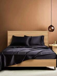 4入組純色緞面床單套裝 - 黑色 - 查看 2