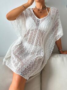SHEIN Swim Summer Women'S Knitted Hollow Out Batwing Sleeve Cover Up