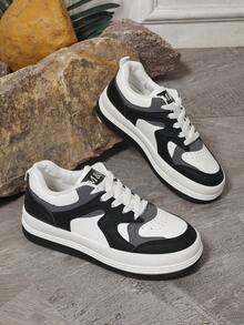 女士時尚圓頭綁帶黑白色塊平底運動鞋,校園風格休閒運動鞋 - 彩色 - 查看 5