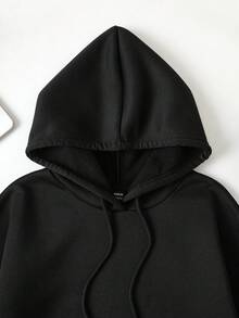 SHEIN EZwear Women's Casual Slogan Graphic Printed Hooded Drawstring Casual Sweatshirt - Black - View 3