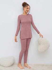 SHEIN 少女毛茸茸紋織邊側分裂t恤和緊身褲睡衣套裝 - 藕粉色 - 查看 6