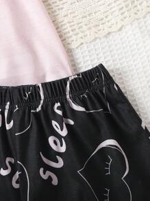 少女簡約愛心和字母印花短袖上衣和短褲睡衣套裝 - 彩色 - 查看 5