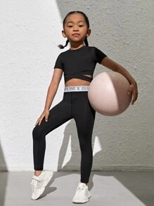 SHEIN Young Girl Sportswear Set For Outdoor Activities, Yoga, Running, Cycling, Dance And Other Training Exercises - Black - View 1