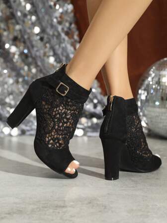 秋冬新款女装黑色、浅棕色、棕色镂空蕾丝网眼露趾高跟踝靴、凉鞋