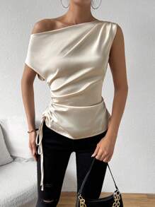 Chiquease 女用斜肩側褶襯衫 - 杏色 - 查看 3