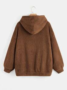 SHEIN EZwear 大尺碼貼片連帽抓絨運動衫 - 棕色 - 查看 2