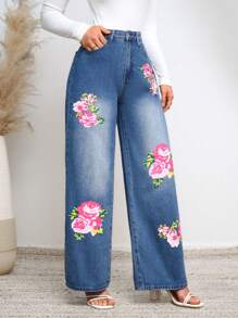 SHEIN Privé Women's Wide Leg Jeans With Flower Print