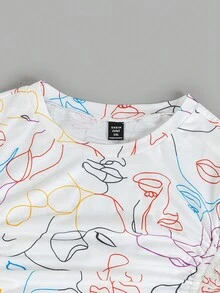 Flirla Plus Size Allover Print Drawstring Ruched T-Shirt For Summer - White - View 6