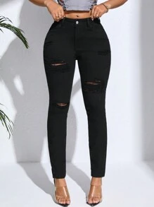 SHEIN 女款修身破洞牛仔褲 - 黑色 - 查看 5