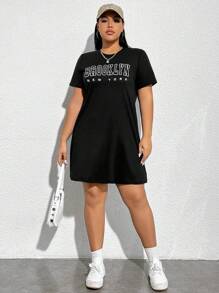 CovetEZ 大尺碼女士字母印花短袖裙 - 黑色 - 查看 2