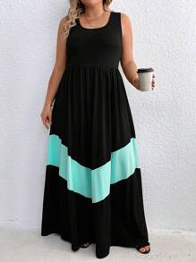 SHEIN Clasi 女式加大码拼色圆领无袖连衣裙长款女装 - 黑色 - 查看 6