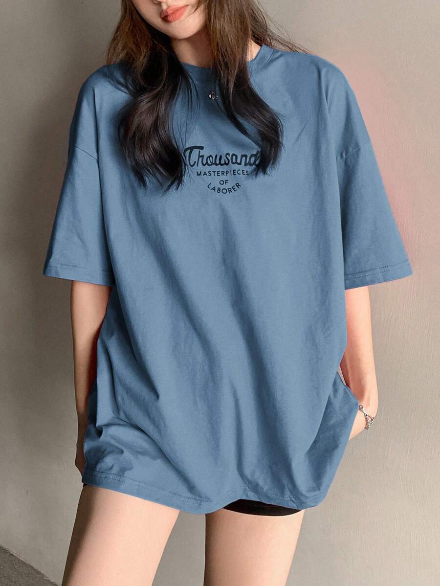 DAZY Letter Print Short Sleeve T-Shirt Thousand MASTERPIECES OF LABORER Summer Oversized T-Shirt - Blue - View 1