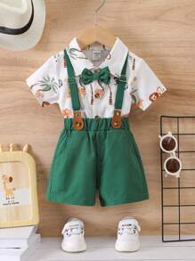 SHEIN 2 Bộ áo ngắn tay in hình động vật cho bé trai + Bộ quần short thường ngày, thanh lịch cho tiệc sinh nhật, đám cưới, lễ đặt tên, sinh nhật 1 tuổi - màu xanh lá - Xem 1
