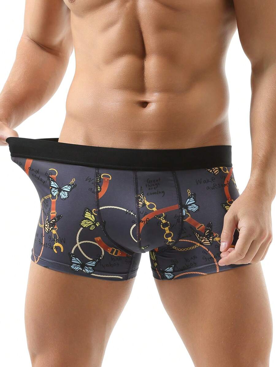Men'S Butterfly Pattern Printed Boxer Briefs With Letter Printed Waistband And Chain Decoration - Black - View 1