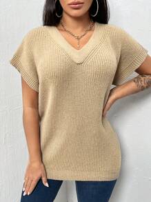 Zolique 女士v領蝙蝠短袖針織上衣 - 卡其色 - 查看 1