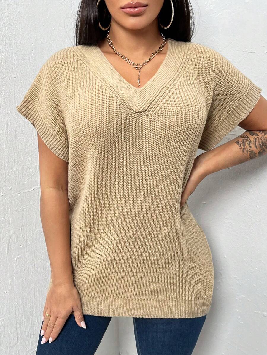 Zolique 女士v領蝙蝠短袖針織上衣 - 卡其色 - 查看 1