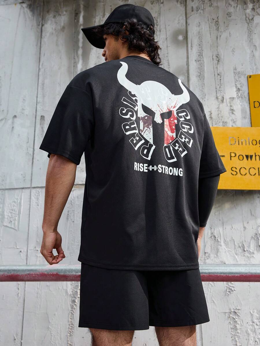 Manfinity Athleisure 男友风男式印花运动短袖 T 恤健身上衣 - 黑色 - 查看 1