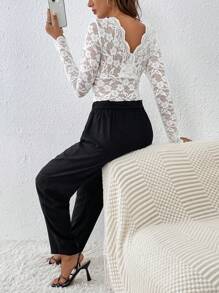 SHEIN Frenchy Damen Langarm Spitzenoberteil Und Zulaufende Hose Set - Schwarz und Weiss - Übersicht 1